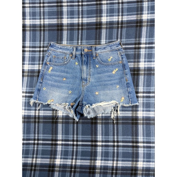 American Eagle Outfitters Pants - American Eagle Mom Shorts Womens 00 Blue Denim Embroidered Floral Distressed Raw